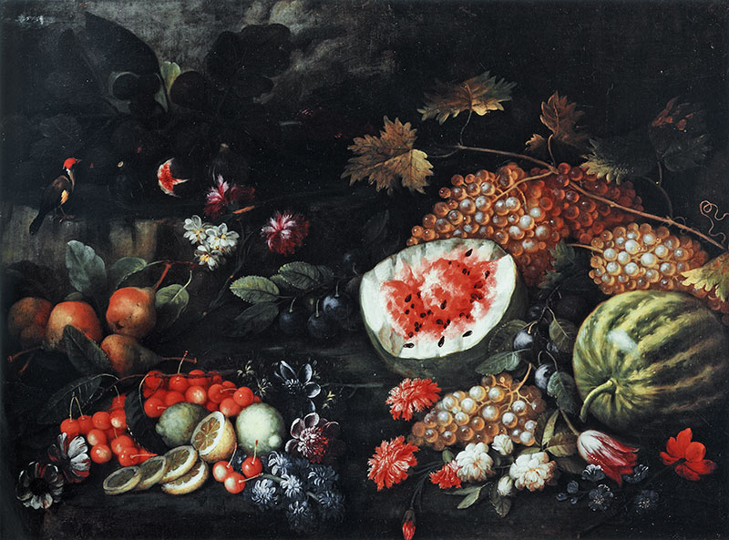 Anonimo — Bimbi Bartolomeo - attr. - sec. XVII/ XVIII - Natura morta con pere, ciliegie, agrumi, cocomeri, uva e fiori — insieme